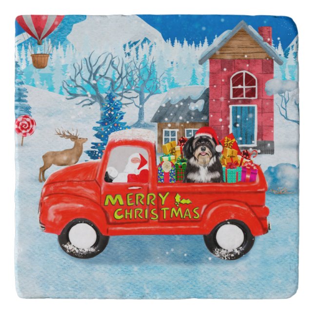 Havanese Dog Christmas Delivery Truck Snow  Trivet (Front)