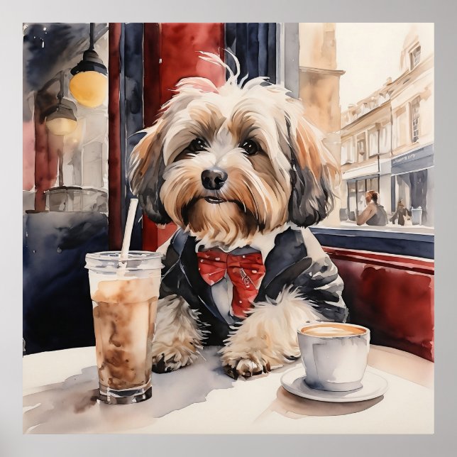Havanese dog Drinking a Milkshake in a Coffeshop Poster (Front)