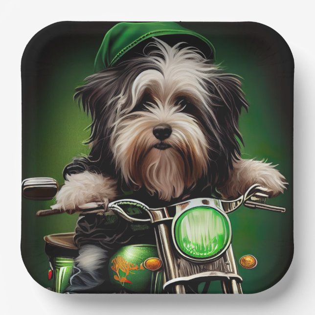 Havanese Dog Driving Bike St. Patrick's Day Paper Plates (Front)