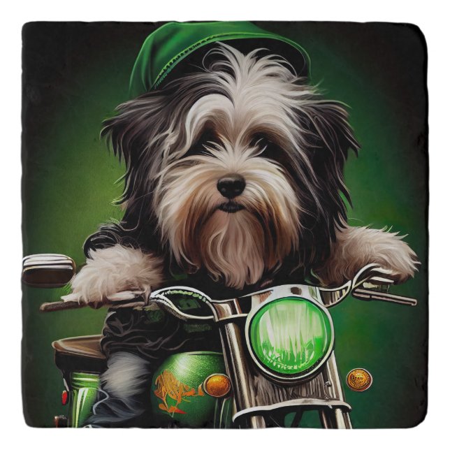 Havanese Dog Driving Bike St. Patrick's Day Trivet (Front)
