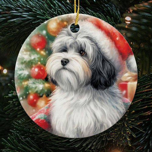 Havanese Dog in a Santa Hat Christmas Ceramic Ornament