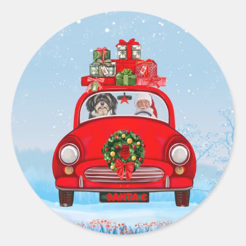 Havanese Dog In Car With Santa Claus  Classic Round Sticker