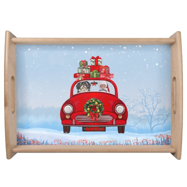 Havanese Dog In Car With Santa Claus  Serving Tray (Front)
