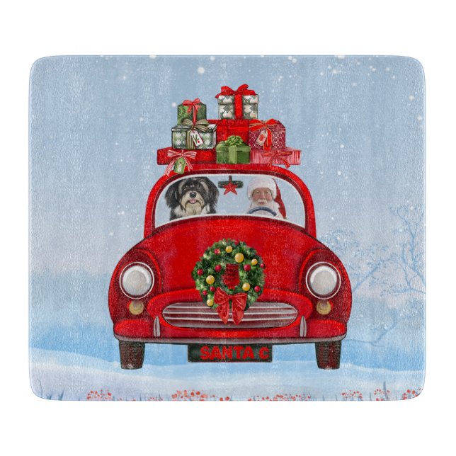 Havanese Dog In Car With Santa Claus Throw Pillow Cutting Board (Front)