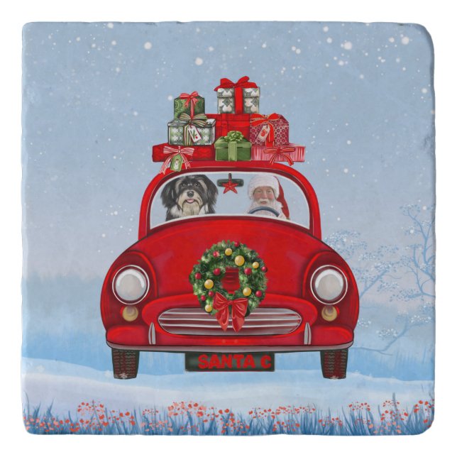 Havanese Dog In Car With Santa Claus  Trivet (Front)