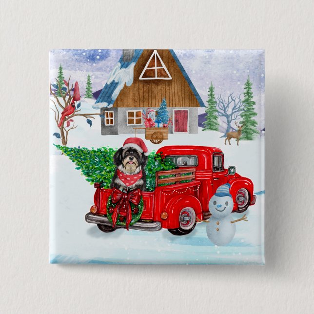 Havanese Dog In Christmas Delivery Truck Snow Button (Front)