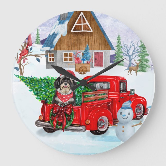 Havanese Dog In Christmas Delivery Truck Snow Large Clock (Front)