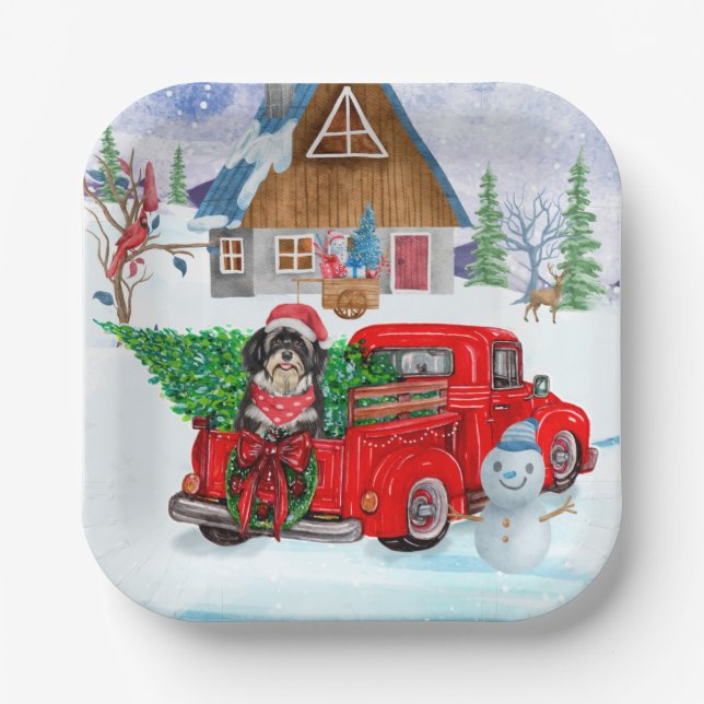 Havanese Dog In Christmas Delivery Truck Snow  Paper Plates (Front)
