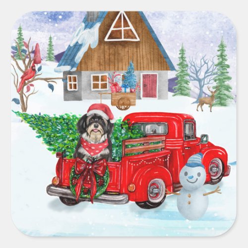 Havanese Dog In Christmas Delivery Truck Snow Square Sticker