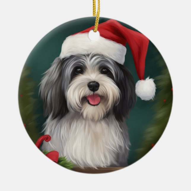 Havanese Dog in Snow Christmas Ceramic Ornament (Front)