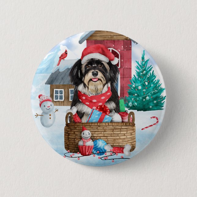 Havanese Dog In snow Christmas Dog House  Button (Front)