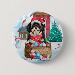 Havanese Dog In snow Christmas Dog House  Button