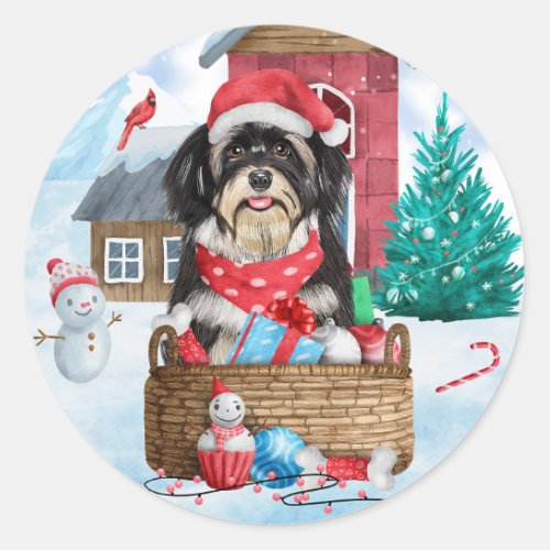 Havanese Dog In snow Christmas Dog House Classic Round Sticker