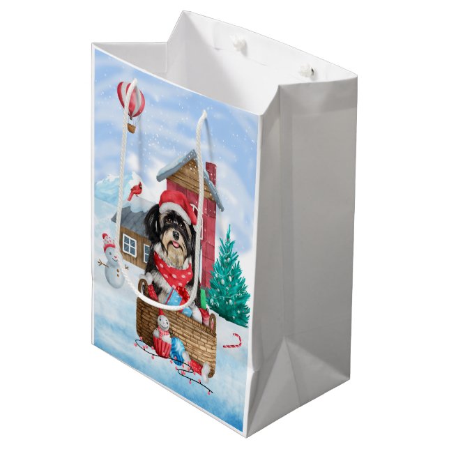 Havanese Dog In snow Christmas Dog House Medium Gift Bag (Front Angled)