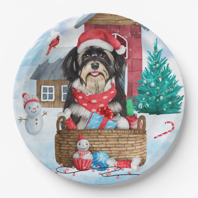Havanese Dog In snow Christmas Dog House Paper Plates (Front)