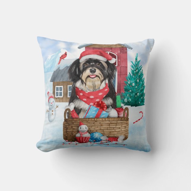 Havanese Dog In snow Christmas Dog House Throw Pillow (Front)