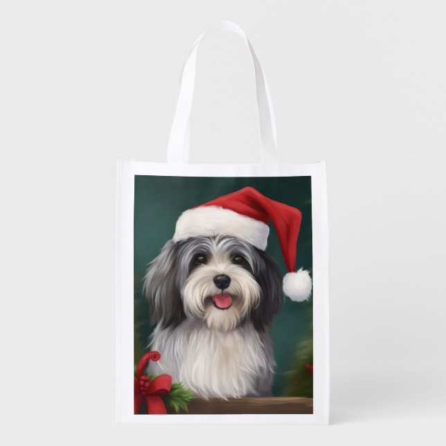 Havanese Dog in Snow Christmas Grocery Bag (Front)