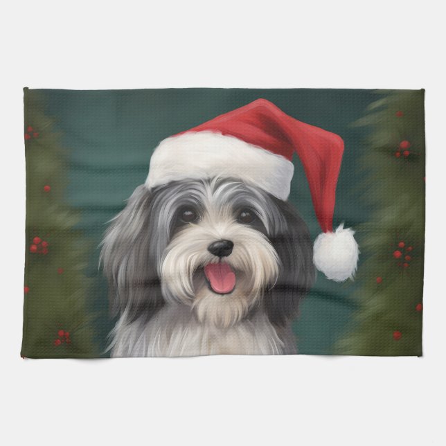 Havanese Dog in Snow Christmas Kitchen Towel (Horizontal)