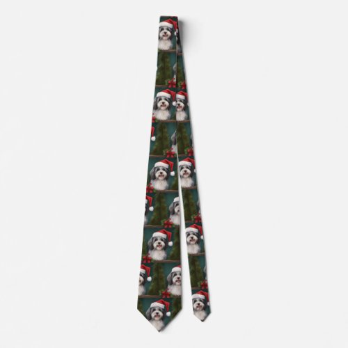 Havanese Dog in Snow Christmas Neck Tie