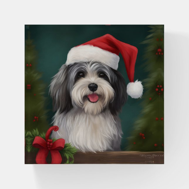 Havanese Dog in Snow Christmas Paperweight (Front)
