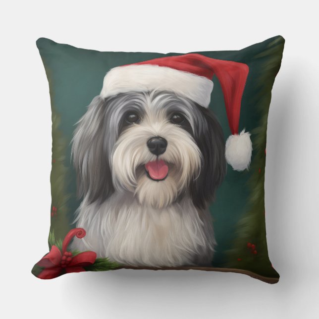 Havanese Dog in Snow Christmas Throw Pillow (Front)