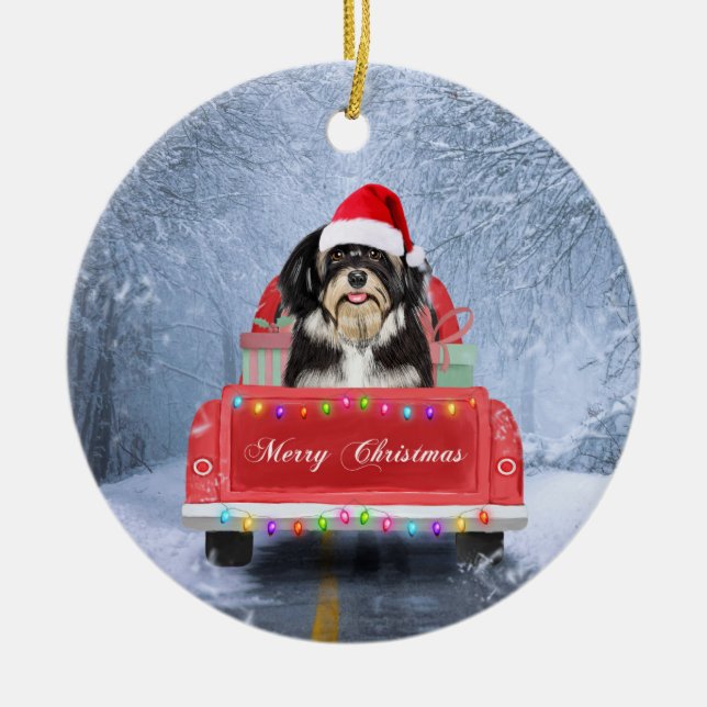 Havanese Dog in Snow sitting in Christmas Truck Ceramic Ornament (Front)