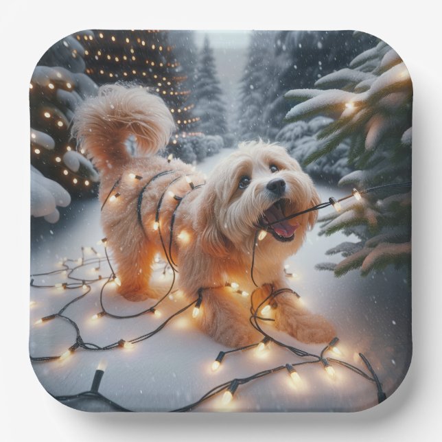 Havanese Dog In  Tangled Christmas Lights Paper Plates (Front)