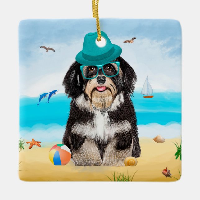 Havanese Dog on Beach Ceramic Ornament (Front)