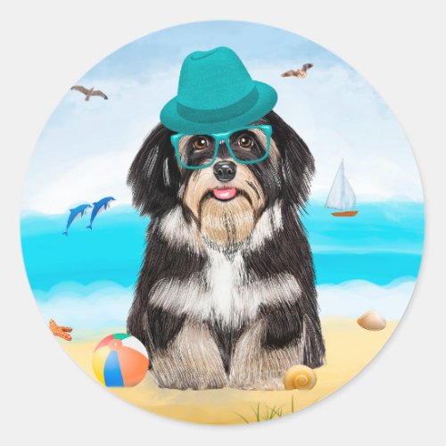 Havanese Dog on Beach Classic Round Sticker