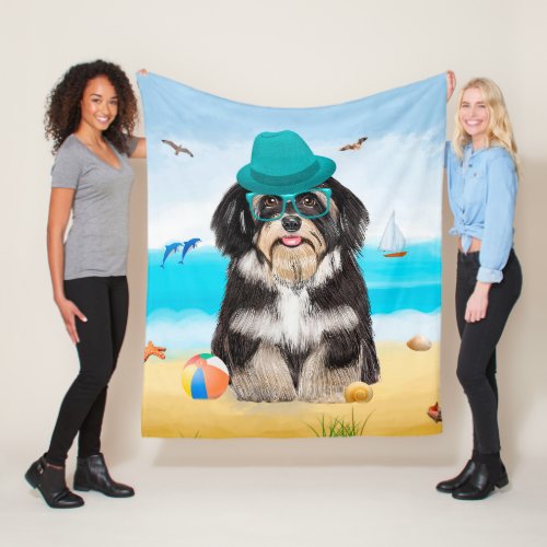 Havanese Dog on Beach Fleece Blanket