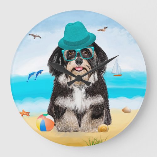 Havanese Dog on Beach Large Clock