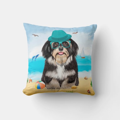 Havanese Dog on Beach Throw Pillow