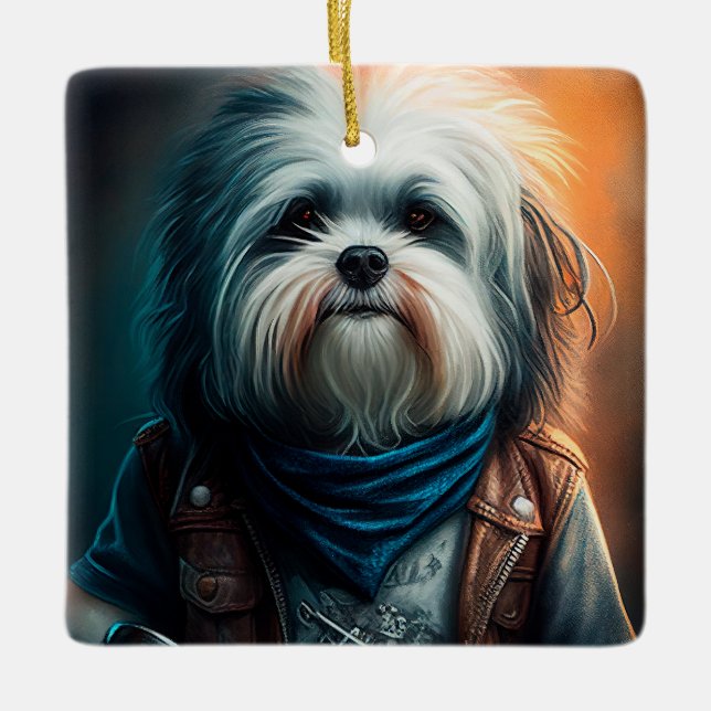 Havanese dog on bike digital painting ceramic ornament (Front)