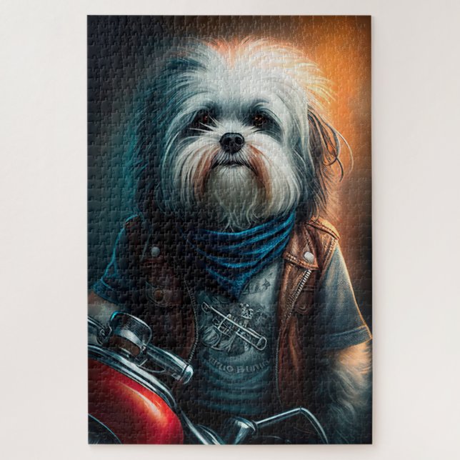 Havanese dog on bike digital painting jigsaw puzzle (Vertical)