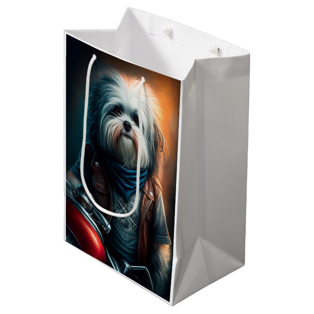 Havanese dog on bike digital painting medium gift bag (Front Angled)