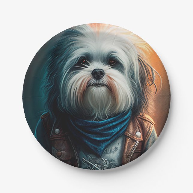 Havanese dog on bike digital painting paper plates (Front)