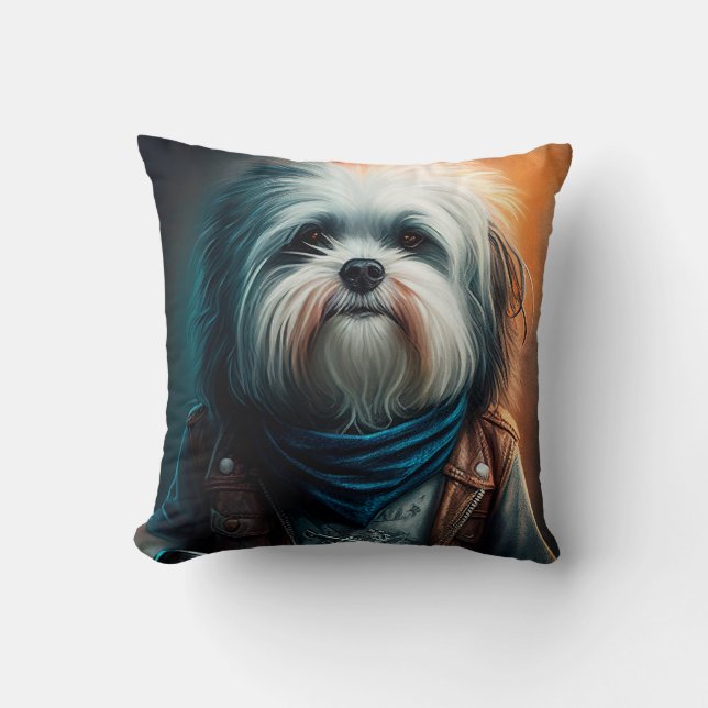 Havanese dog on bike digital painting throw pillow (Front)