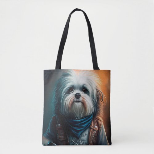 Havanese dog on bike digital painting tote bag