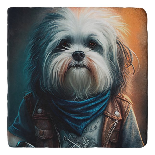 Havanese dog on bike digital painting trivet (Front)