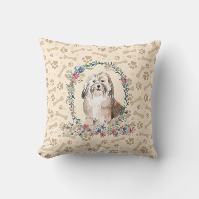 Havanese Dog Paw Print & Floral Cute Throw Pillow (Front)