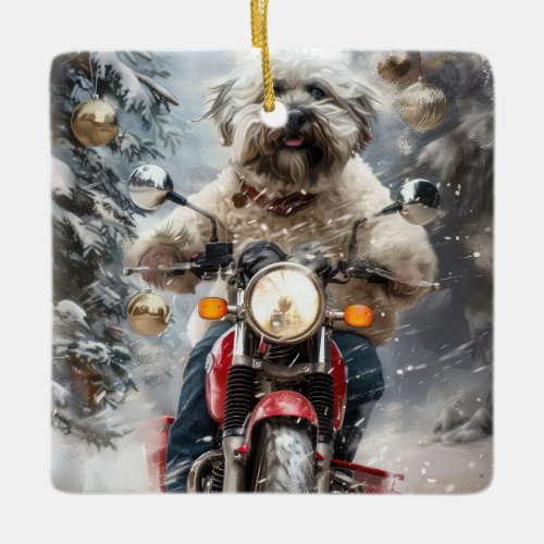 Havanese Dog Riding Motorcycle Christmas Ceramic Ornament