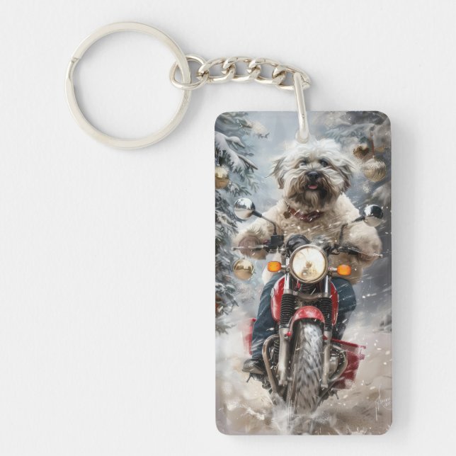 Havanese Dog Riding Motorcycle Christmas Keychain (Front)