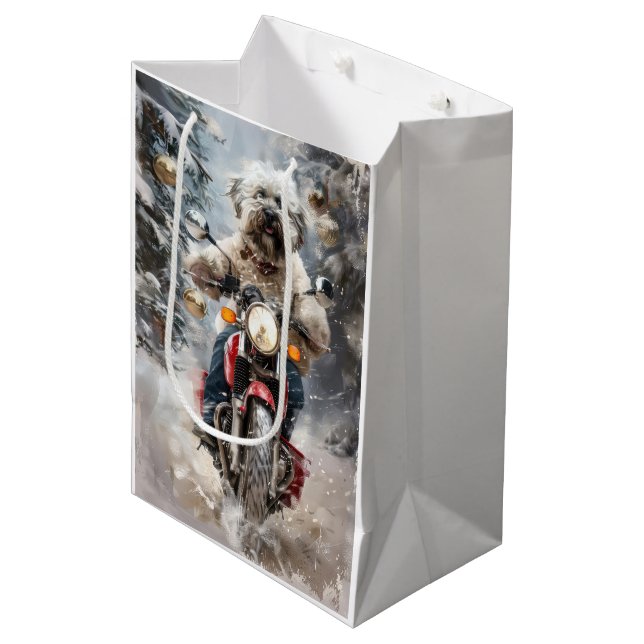 Havanese Dog Riding Motorcycle Christmas Medium Gift Bag (Front Angled)