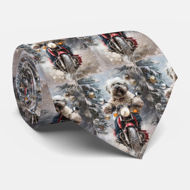 Havanese Dog Riding Motorcycle Christmas Neck Tie (Rolled)