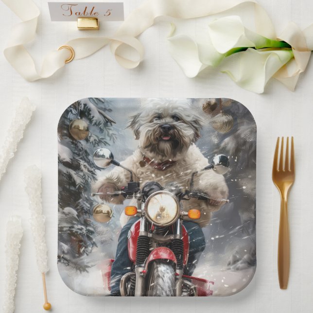 Havanese Dog Riding Motorcycle Christmas Paper Plates (Wedding)