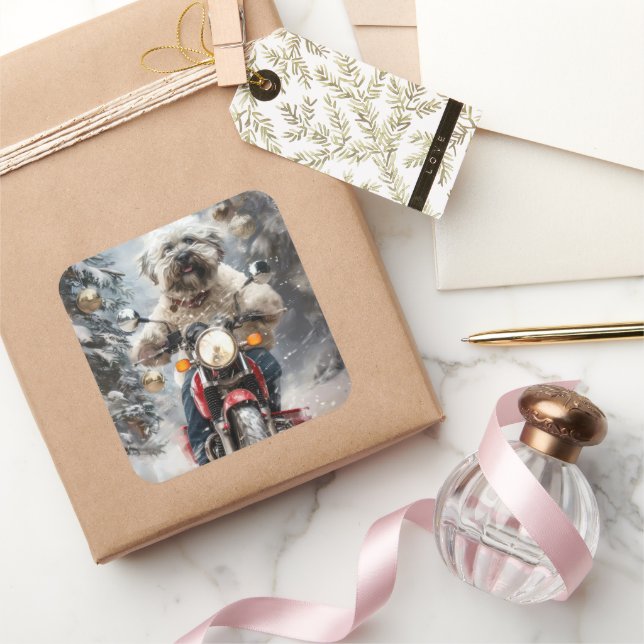 Havanese Dog Riding Motorcycle Christmas Square Sticker (Gifting)