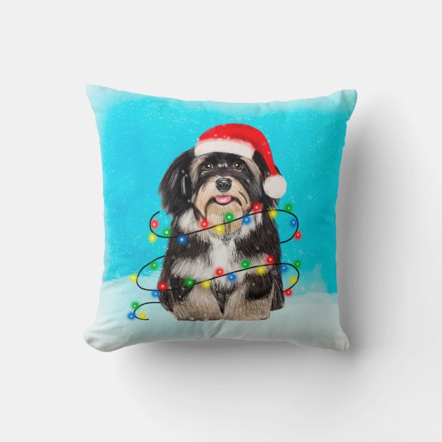Havanese Dog Sitting On Beach Christmas Hat Lights Throw Pillow (Front)