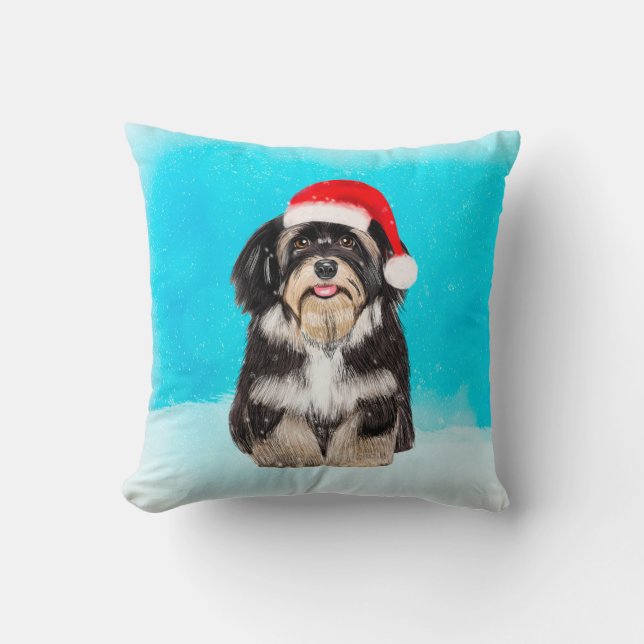 Havanese Dog Sitting On Beach Christmas Hat Throw Pillow (Front)