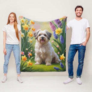 Havanese Dog Spring Flowers Painting Fleece Blanket