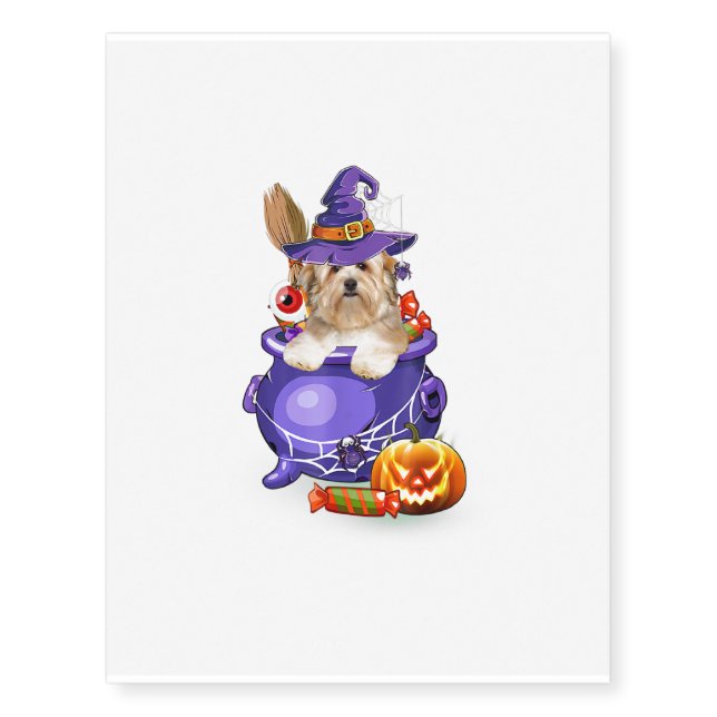 Havanese Dog With Witch Hat Candy Pumpkin Temporary Tattoos (Front)